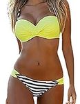 Bsubseach Patchwork 2 Piece Bikini Bathing Suits for Women Push Up Swimsuit with Padded Striped Yellow XL