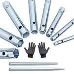 EMAGEREN 10 Pcs Metric Box Spanner Duel-Ended Wrench Socket Back Nut Tap Spark Plug Spanner Shower Valve Socket Wrench Set with Tommy Bar and Non-Slip Gloves for Water Tap Installation and Maintenance