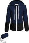 Waterproof Jackets Women, Womens Rain Jacket Packable Hooded Outdoor Summer Trench Windbreaker Jacket Pockets Zip Lovely, Navy Blue/Grey M