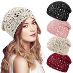 4 Pcs Crochet Slouchy Beanie Hat Fall Handmade Knit Floral Skull Cap Cotton Cutout Summer Hats for Women Lightweight Knitted (Black, Beige, Wine Red, Pink)