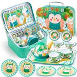 JOYIN Owl Garden Tea Set for Toddlers Tea Party Set for Children Kids Pretend Role Play Tin Teapot Set with Cups, Plates and Carrying Case Kitchen Toy for Little Girls Birthday Gifts Age 3 4 5 6