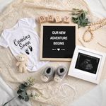 Canlierr 9 Pcs Pregnancy Announcement Set Pregnancy Reveal Ideas Felt Letter Board Baby Bodysuit Baby Booties Photo Frame Bear Plush Baby Wood Blocks for Coming Soon Baby Announcement (Black, Classic)