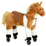 Qaba Kids Rocking Horse, Large Walking Ride on Toy for Toddlers 3 Year Old, Baby Plush Animal Rocker with Sound and Wheel, Brown