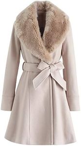 CHICWISH Women's Nude Pink Faux Fur Wide Lapel Turn Down Shawl Collar Belted Flare Wool Blend Coat