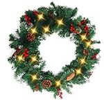 BELLE VOUS 2.7M/9FT Christmas Garland - Pre-Lit Green Garland with Berries Pinecones 10 Warm Yellow LED Lights - Christmas Decorations for Fireplace Stairs Banister Indoor Outdoor Party Decoration