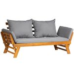 Panana Acacia Wood Convertible Couch Sofa Bed with Adjustable Armrest Folding Daybed Collapsible Chaise Lounge with Cushion Pillow Outdoor Loveseat for Garden Patio Poolside (Grey)