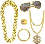 Yontree 5pcs Hip Hop Costume kit, 80s/90s Fancy Dress Accessories for Kids Adult, Fake Gold Chain /Bracelet, Dollar Sign Necklace, Ring, Hippie Glasses Rapper Disco Outfit Regular size