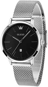 OLEVS Womens Silver Watch Black Face Thin Dress Watches for Women with Calendar Casual Simple Women's Watch for Small Wrists Mesh Bracelet Stainless Steel Ladies Watches Waterproof Reloj para Mujer