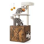 Feandrea Cat Tree with Litter Box Enclosure, 2-in-1 Modern Cat Tower for Indoor Cats, 52.8-Inch Cat Condo with Self Groomer, Scratching Posts, Washable Cushions, Rustic Brown UPCT115X01