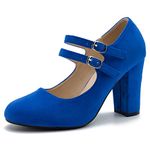 Women's Mary Jane Dress Shoes Double Strap Closed Round Toe Block High Heel Pumps, Suede Royal Blue, 5 UK