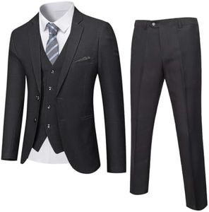 YND Men's Slim Fit 2 Button 3 Piece Suit Set, Blazer Jacket Vest Pants and Tie, Solid Wedding Dress Tux and Trousers Black - Black Plaid