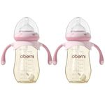 Oberni Anti-Colic Baby Bottle, PPSU Wide-Neck Natural Flow Feeding Bottle with Non-Slip Handles and Airfree Weighted Straw, 8OZ/240ml, 12 months+ Unisex Newborn baby bottles, Pink/2Pack