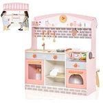 HONEY JOY Kids Kitchen Playset, 3 in 1 Double Side Wooden Little Chef Pretend Play Toy Kitchen Set for Toddlers & Barbecue Grill Set & Restaurant, Retractable Seat & Canopy, Gift for Boys Girls, Pink