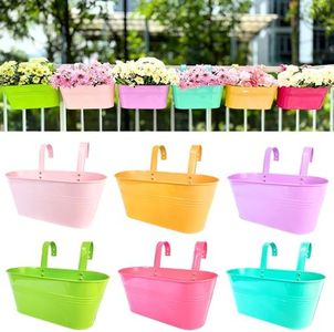 LaLaGreen Rail Planter Outdoor - 6 Pack, 11.8 Inch Colorful Metal Iron Hanging Flower Pots Deck Railing Fence Buckets Modern Countryside Boho Style Wall Mount Window Box Plant Holder Hooks Porch Decor