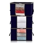 Lifewit 3 Pack 90L Clothes Storage Bags Large Storage Box with Lid Packing Boxes for Moving House with Reinforced Handle Thick Fabric Clear Window for Clothes Duvet Blankets Bedding, Blue