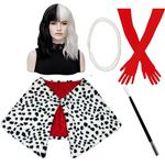 TOMIGO 6 Pieces Black and White Wig with Faux Shawl, Red Gloves, Costume Holder, Pearl Necklace for Halloween Costume Women