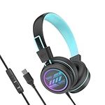 MEE audio KidJamz KJ55 Safe Listening USB-C Headphones for Children with Multicolor LED Lights, Volume Limiter, & Microphone; On-Ear Wired Kid Headset for iPhone 15, iPad, & USB Type C Devices (Black)