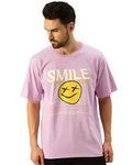 Veirdo® Oversized Cotton Smile Graphic Print Crew Neck T-Shirt with Chest Print for Men and Women (Black and Purple)