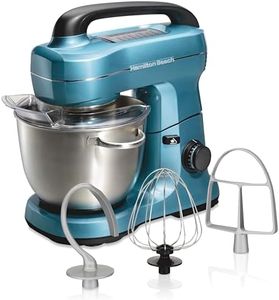 Hamilton Beach 7-Speed Stand Mixer for Baking, 300W, 4 Quart Stainless Steel Bowl, Dough Hook, Whisk, Flat Beater, Splash Guard, Blue (63393G)