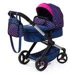 Bayer - Dolls Pram Xeo - Baby Doll Stroller Toy for Dolls with Bag, Adjustable, Reversible Handle, Foldable - Dolls Up to 18” - Age 3+ - Dark Blue Pink Hearts - 17054AA