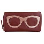 ili New York - Leather Eyeglass Case -Zippered Enclosure Eyeglass Case w/Frame Silhouette Embellishment (Merlot/Rose)