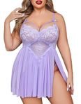 Avidlove Lingerie for Plus Women Lace Babydoll Strap Chemise Lingerie V Neck Nightgown Sexy Sleepwear Sheer Mesh Nightwear Lilac