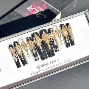 MNAFAYY 100% Handmade Nails 3D Rhinestone Crystal Extra Long Press On Nails Full Cover Luxury Gems Gorgeous Reusable UV Finished Fake False Nails Acrylic Nail Kit With Box Gifts for Women Black L
