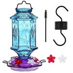 Billion Sky Hummingbird Feeder, Glass Hummingbird Feeders for Outdoors Hanging, Lantern Shaped Bottle, 6 Simulation Flowers Feeding Ports, 26 fl.oz, Leak Proof, Rustproof, Fade proof, HBF-1229B (Blue)