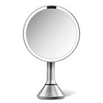 simplehuman Sensor Lighted Makeup Vanity Mirror, 8" Round with Touch-Control Brightness, 5X Magnification, Brushed Stainless Steel, Rechargeable and Cordless