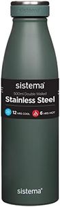 Sistema Stainless Steel Water Bottle | 500 ml Leak-Proof Reusable Water Bottle | BPA & Phthalate Free | Double Wall Vacuum Insulation | Keeps Cold for 12 Hours, Hot for 6 Hours | Assorted Colours