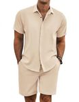 COOFANDY Beach Outfit for Men Matching Shorts and Shirt, light khaki, Large