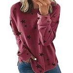 Womens Crewneck Casual Sweatshirts Novelty Star Printed Graphic Sweatshirts Loose Fit Breathable Lightweight Long Sleeve Soft Comfy Pullover Sweater Tops Ladies Jumpers Red