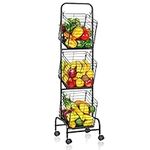 3 Tier Fruit Basket Tiered Market Basket Storage Stand for Kitchen Metal Wire Fruit and Vegetable Storage Basket Food Storage Chart with Wheels and Removable Hanging Baskets for Kitchen, Pantry, Black