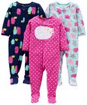 Simple Joys by Carter's Girls' 3-Pack Loose Fit Flame Resistant Fleece Footed Pajamas, Elephant/Lamb/Monster, 12 Months