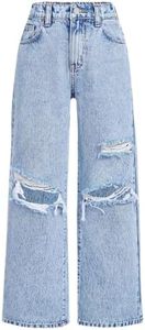 Girls Baggy Ripped Jeans Wide Straight Leg High Waisted Denim Pants 7-14Y