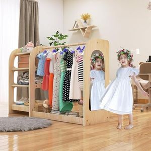 Qifeila Kids Dress Up Storage with Mirror, Wooden Kids Dress Up Rack for Little Girls and Boys, Kid Wardrobe Closet with Storage Shelf