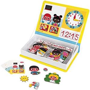 Janod - Magneti'Book J'apprends l'heure - Jeu Educatif Magnétique 75 Pièces - Apprentissage Motricité Fine et Imagination - Dès 3 Ans, J02724, Jaune