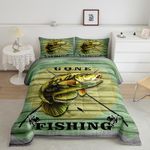 Feelyou Big Pike Fish Comforter Set Hunting and Fishing Pattern Bedding Set for Kids Boys Children Green Vintage Wooden Print Comforter Soft Decor Underwater Animals Theme Quilt Set Queen Size