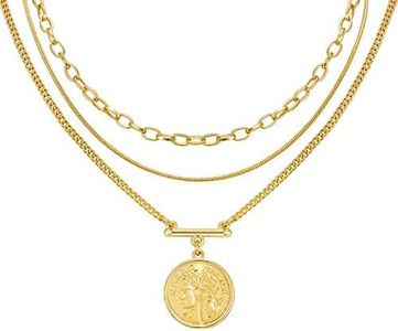 LANE WOODS 18k Gold Plated Necklaces for Women - Multilayer Coin Medallion Pendant Necklace Adjustable Layering Choker Necklaces Chain Set Jewelry