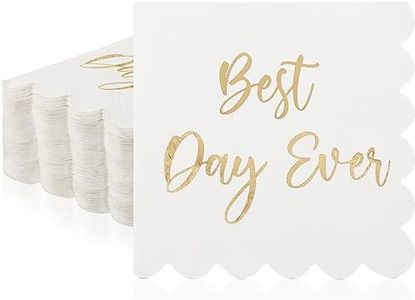 Lincia 100 Pcs Best Day Ever Wedding Napkins Wedding Cocktail Napkins White and Gold Scalloped Dessert Napkins for Party Bridal Shower Reception Decorations Birthday Supplies, 5 x 5 Inch, 2 Ply