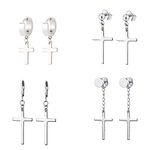 4 Pairs Stainless Steel Cross Dangle Hinged Hoop Earrings for Men Women Huggie Drop Earrings Silver Tone