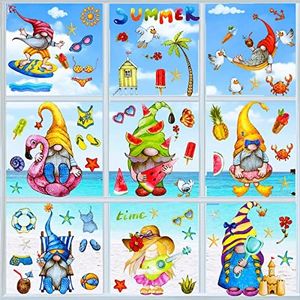 Summer Window Clings Gnome Stickers - Beach Watermelon Lemon Tropical 9 Sheets Window Decals Anti-Collision for Kids,for Glass Car Summer Party Decoration (82pcs)