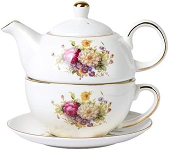 CHILDIKE European Porcelain Tea for One, Vintage Floral Teapot and Saucer Set, Gold Trim Floral Teapot, Tea Cup with Saucer Set