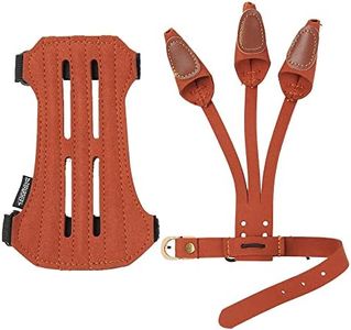 Toparchery Leather 2 Straps Arm Guard & 3 Finger Protective Gloves for Recurve Compound Long Bow Hunting Shooting Brown