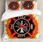 Lunarable Fireman Duvet Cover Set, Fire Department with Ladder Public Service Essential Tools of Firefighters, Decorative 3 Piece Bedding Set with 2 Pillow Shams, King Size, Soft Orange