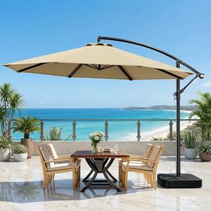 OLILAWN 10ft Patio Umbrella with Base Included, Christmas Outdoor Offset Cantilever Umbrella Upgraded Yarn-dyed Fabric Shade, Sturdy 8 Rids, Easy Tilt Adjustment, for Pool Deck Porch Backyard Garden,Beige