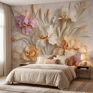3D Floral Peel and Stick Wallpaper Self Adhesive Cream Iris Flower Wall Murals for Bedroom Livingroom Bathroom