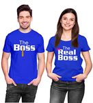 Hangout Hub Hangout-Hub024$P Couple Tshirts for Couples | Printed The Boss The Real Boss T-Shirts;(Blue;Men XXL, Women XL) Men's and Women's Round Neck T-Shirt (Pack of 2, Cotton)