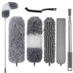 Feather Dusters for Cleaning - 5PCS Feather Duster Extendable Washable Long Handled Duster Retractable Microfiber Dusters with Gaps Cleaning Brush, Extension Pole for Ceiling Fan/Furniture/Cars