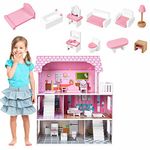 HENGMEI Dollhouse Children's Wooden Doll Villa 3 Levels Barbie House Dollhouse Set Girls Play Set with Furniture and Accessories, Dollhouses for Children, Girls (Type A, 60 x 24 x 70 cm)